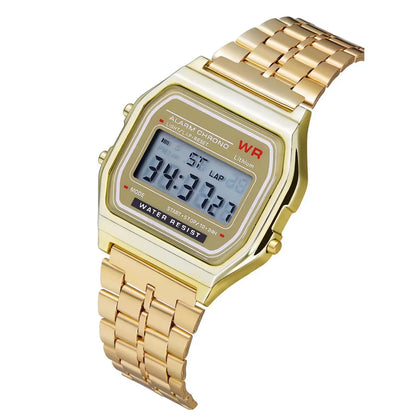 Classic Vintage LED Digital Watch – Gold & Silver Unisex Wristwatch